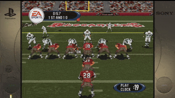 ``` EA SPORTS 0:57 1ST AND 10 JOHNSON DUNN W 28 PLAY CLOCK :19 ``` 