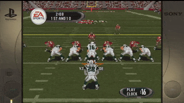 Sure! Here’s the text from the image: - EA SPORTS - 2:08 - 1ST AND 10 - PlayStation - SONY - V.T. SLADE - PLAY CLOCK :16
