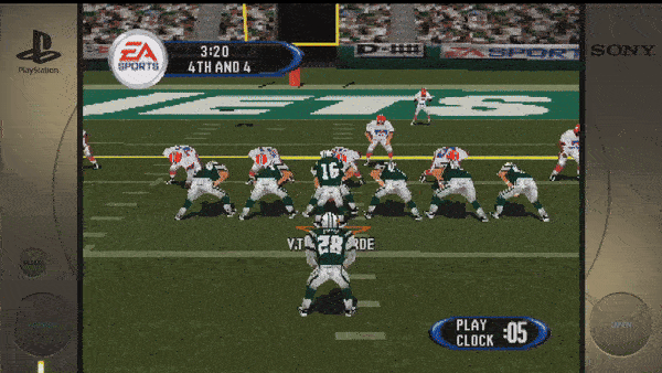 ```PlayStation EA SPORTS 3:20 4TH AND 4 V.T. 26 YD LINE PLAY CLOCK :05 SONY ```