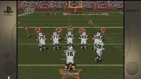 The text in the image includes: - "PlayStation" (on the left side) - "SONY" (on the right side) - "0:14" (timer on the field) - "V. TESTAVERDE" (player name on the field)