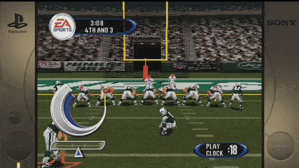 ``` EA SPORTS 3:08 4TH AND 3 PLAY CLOCK :18 ```