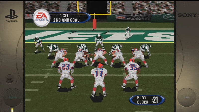 Sure, here's the extracted text from the image:- EA SPORTS - 1:31 - 2ND AND GOAL - PlayStation - SONY - PLAY CLOCK 21