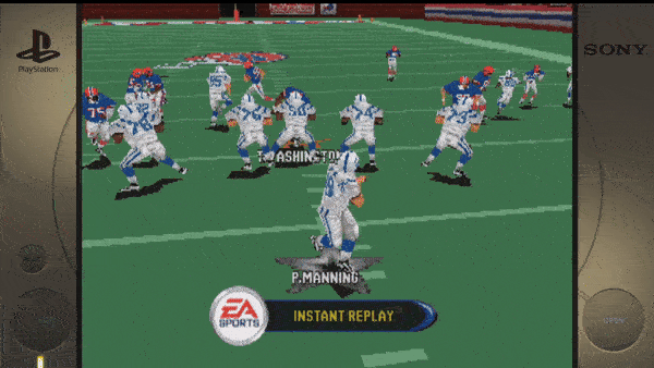 Sure, the text from the image is:- PlayStation (logo) - Washington - P. Manning - EA Sports (logo) - INSTANT REPLAY - Sony