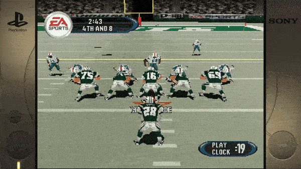 ```plaintextPlayStation EA SPORTS 2:43 4TH AND 8 PLAY CLOCK -19 SONY ``` 
