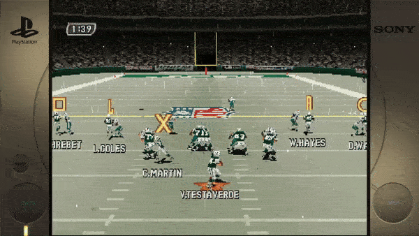 Sure! Here's the extracted text from the image:- 1:39 - CRBET - L. COLES - C. MARTIN - V. TESTAVERDE - W. HAYES - PlayStation - SONY