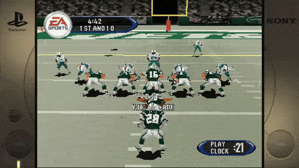 Sure, here is the text extracted from the image:- EA SPORTS - 4:42 - 1ST AND 10 - PLAY CLOCK :21