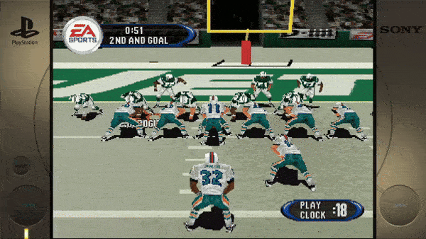 ```EA SPORTS 0:51 2ND AND GOAL PLAY CLOCK 18 ```