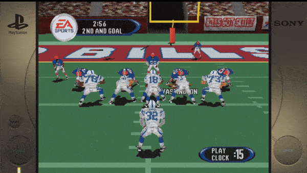 Sure! The text from the image is:- EA Sports - 2:56 - 2ND AND GOAL - Play Clock: 15