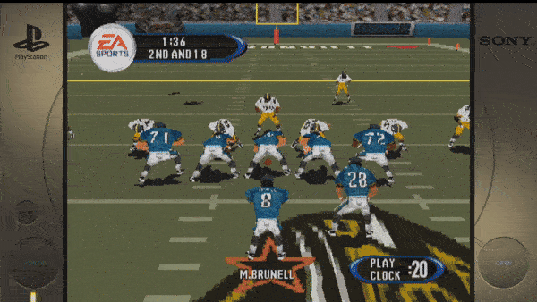 Certainly! Here's the extracted text from the image:- Top left corner: "1:36" (time), "2ND AND 18" (down and distance) - Top left logo: "EA SPORTS" - Bottom left: "M. BRUNELL" - Bottom right: "PLAY CLOCK :20" - Console branding on the left and right sides: "PlayStation," "SONY"