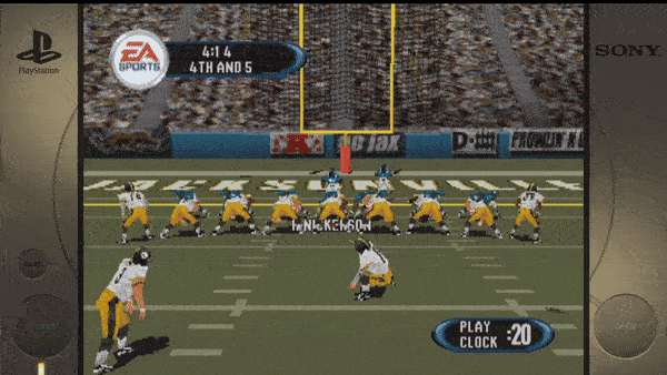 Sure, the text extracted from the image is:- EA SPORTS - 4TH AND 5 - KICKER: 01 - HEAD COACH: 01 - FAKE: A - BACK: B - PLAY CLOCK: :20
