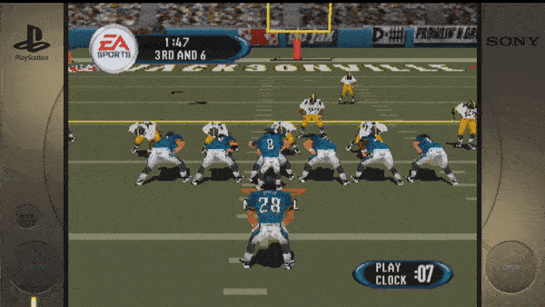 ```plaintextPlayStation (logo) 1:47 3RD AND 6 PLAY CLOCK :07 SONY ```