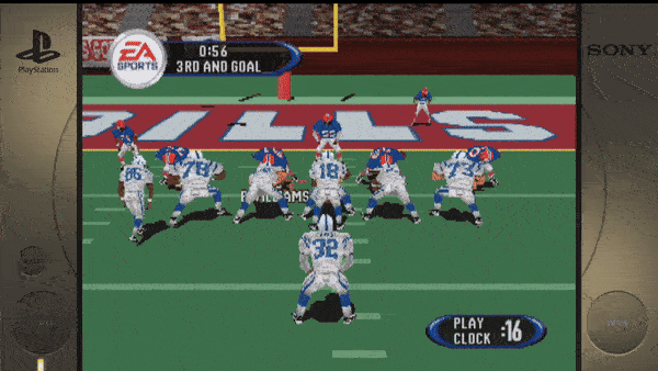 ```PLAY EA SPORTS 0:56 3RD AND GOAL 32 96 28 96 28 30 TILIS LILLIAMS 02 SONY XANAMS PLAY CLOCK :16 SONY ```