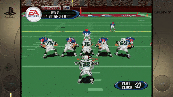 **Left Side:**- PlayStation **Top Left:** - EA Sports - 0:59 - 1ST AND 10 **Bottom Center:** - V. TESTAVERDE **Bottom Right:** - PLAY CLOCK 27