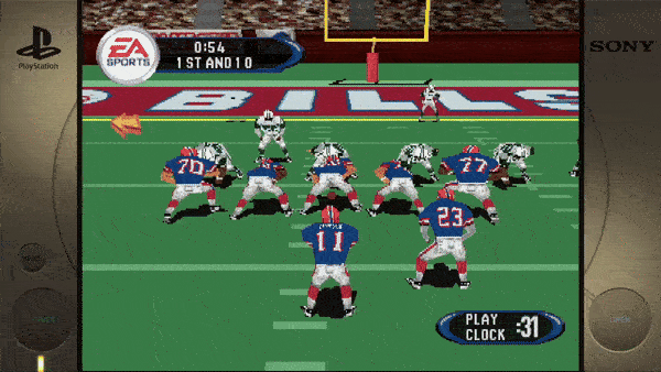 Sure, here is the extracted text from the image:1. EA SPORTS 2. 0:54 3. 1ST AND 10 4. PLAY CLOCK :31