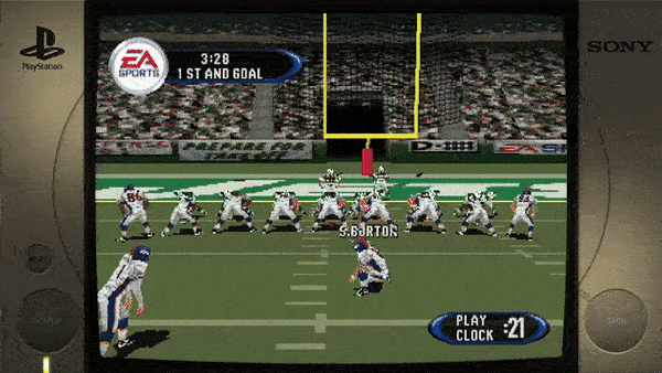 Sure! Here is the extracted text from the image:- PlayStation - EA Sports - 3:28 1ST AND GOAL - S. GORTON - PLAY CLOCK 21 - SONY