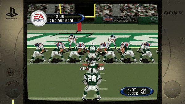 Sure, here's the text extracted from the image:- PlayStation - EA SPORTS - 2:00 - 2ND AND GOAL - PLAY CLOCK :21