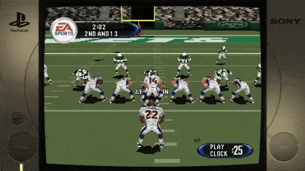 ```EA SPORTS 2:02 2ND AND 13 J. JOHNSON 22 PLAY CLOCK 25 ``` 