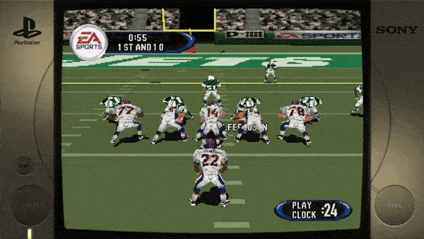 ```EA SPORTS 0:55 1ST AND 10 PLAY CLOCK 24 ```