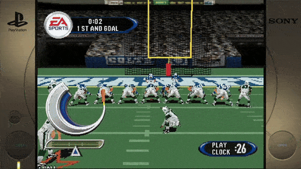 ``` 0:02 1ST AND GOAL EA SPORTS 26 PLAY CLOCK ```