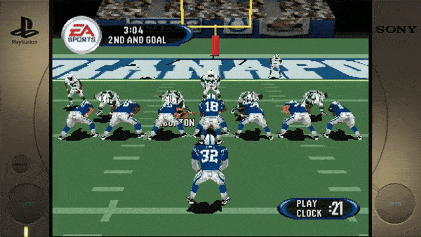 Sure, here's the text extracted from the image: - EA SPORTS - 3:04 - 2ND AND GOAL - BUTTON - 32 - PLAY CLOCK 21