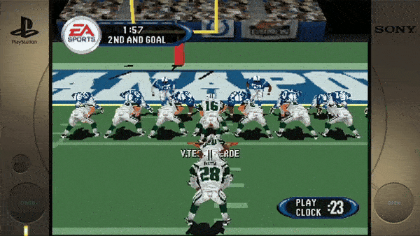 ``` EA SPORTS 1:57 2ND AND GOAL V. TESTAVERDE 16 28 MARTIN PLAY CLOCK: 23 ```