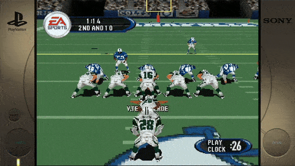 Sure! Here's the extracted text from the image: - PlayStation - EA Sports - 1:14 - 2nd and 10 - PLAY CLOCK - 26