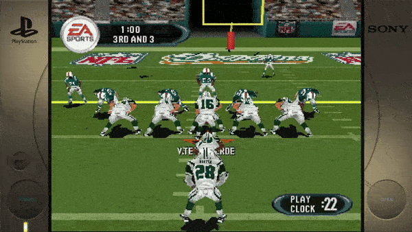 ``` EA SPORTS 1:00 3RD AND 3 V. TESTAVERDE M. MARTIN PLAY CLOCK 22 ```