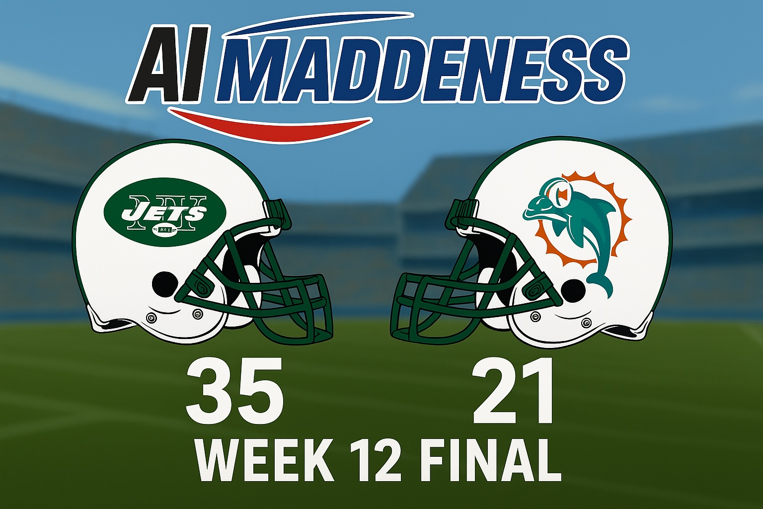 AI Maddeness graphic showing a football stadium background with New York Jets and Miami Dolphins helmets facing each other. Beneath the Jets helmet is the score 35, and beneath the Dolphins helmet is the score 21. Text at the bottom reads 'Week 12 Final.