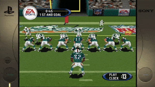 **PlayStation SONY** EA SPORTS 0:45 1ST AND GOAL PLAY CLOCK 13