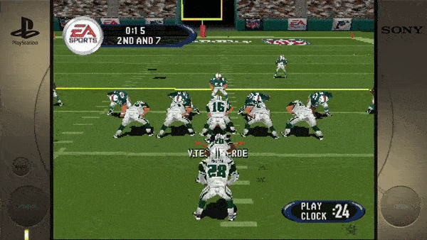 ``` EA SPORTS 0:15 2ND AND 7 V.TES. VERDE PLAY CLOCK 24 ```