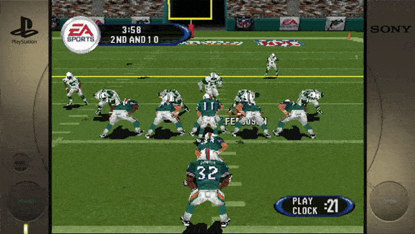 Sure, here is the extracted text from the image: - EA SPORTS - 3:58 - 2ND AND 10 - FEIDOS - PLAY CLOCK 21 - Sony - PlayStation