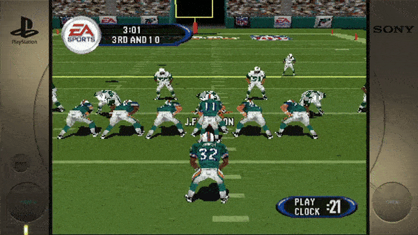 **Left Side:** - PlayStation **Middle (Game Screen):** - EA SPORTS - 3:01 - 3RD AND 10 - J. Fiedler - PLAY CLOCK :21 **Right Side:** - SONY