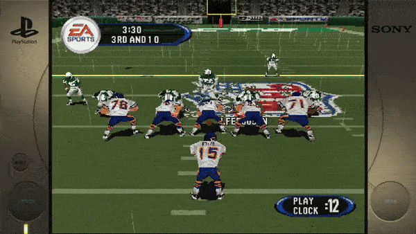 ```PlayStation EASPORTS 3:30 3RD AND 10 PLAY CLOCK 12 ```