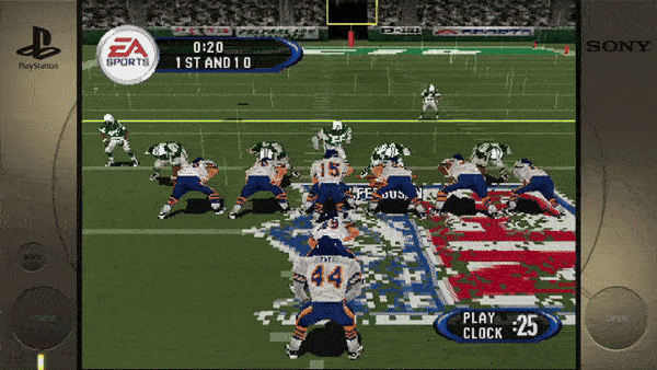 Sure, here is the extracted text from the image:- EA SPORTS - 0:20 - 1ST AND 10 - PLAY CLOCK 25