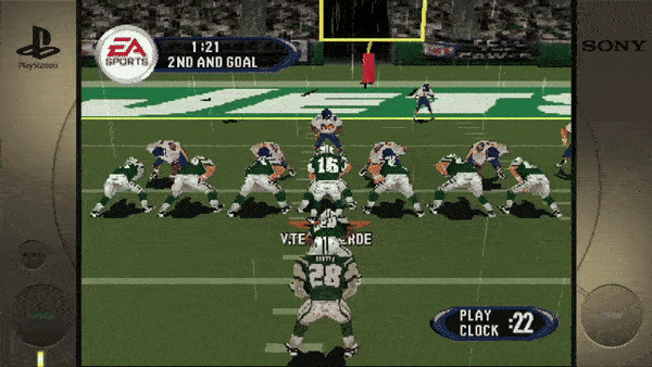**EA SPORTS** **1:21** 2ND AND GOAL **V. TESTAVERDE** PLAY CLOCK: 22 PlayStation logo on the left. Sony logo on the right.