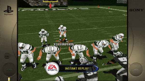 Sure, the text in the image includes:- "V. TESTAVERDE" - "INSTANT REPLAY" - "EA SPORTS" - "SONY" - "PlayStation" (Note: "MADDEN 2000" is implied by the context, but not directly visible in this specific image.)