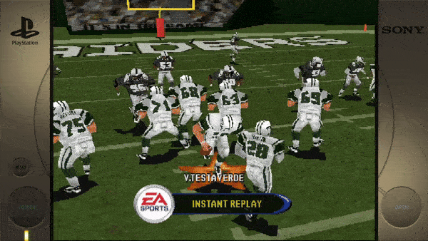 Certainly! The text extracted from the image is:- PlayStation - V. Testaverde - EA Sports - Instant Replay - SONY