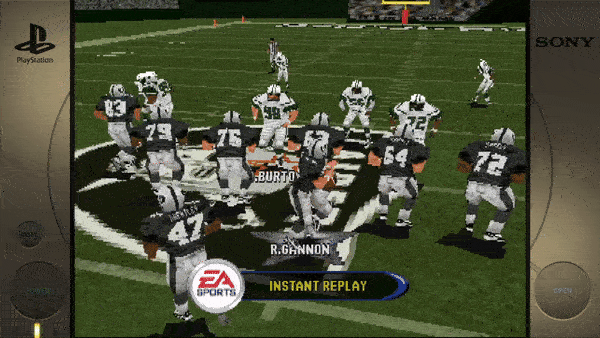 Sure, here is the extracted text from the image:- PlayStation - Sony - EA SPORTS - INSTANT REPLAY - R.GANNON