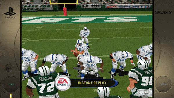 Sure, here's the text extracted from the image:- PlayStation - Memory Card - Ferguson - P. Manning - EA Sports - INSTANT REPLAY - Sony