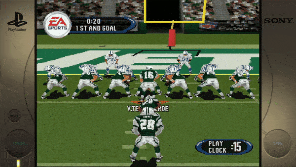 ```EA Sports 0:20 1ST AND GOAL V. TESTAVERDE PLAY CLOCK: 15 PlayStation SONY ```