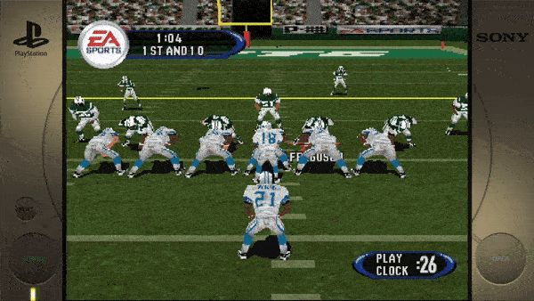 ``` Playstation SONY EA SPORTS PLAY CLOCK :26 1:04 1ST AND 10 FOCUS ```