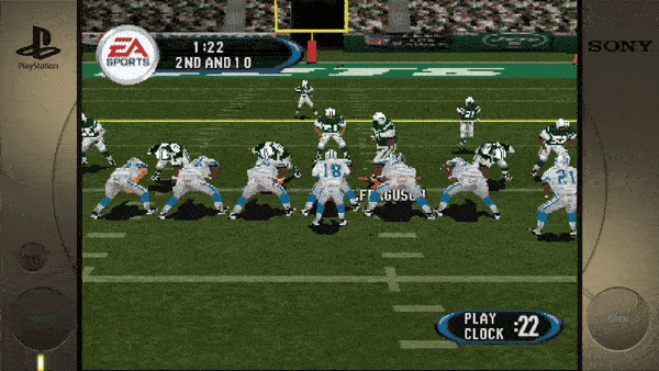 Sure, here is the extracted text from the image: - EA SPORTS - 1:22 - 2ND AND 10 - FOCUS - PLAY CLOCK: 22
