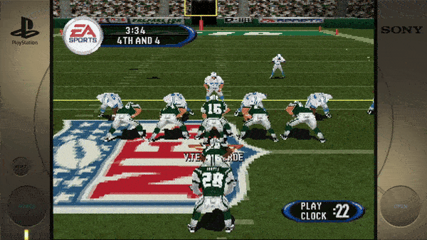Sure, here is the text extracted from the image: - EA SPORTS - 3:34 - 4TH AND 4 - V TE INSIDE - PLAY CLOCK 22